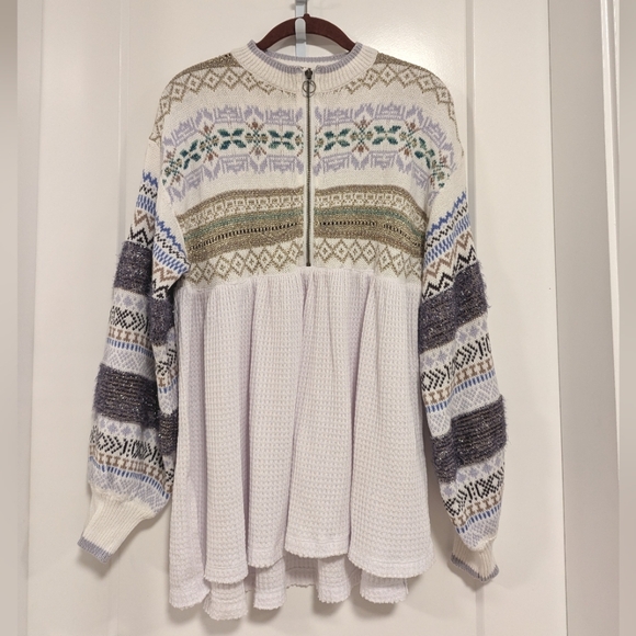 Free People Cozy Cottage Fair Isle Boho  Balloon Sleeve Oversized Half Zip S - Picture 3 of 17
